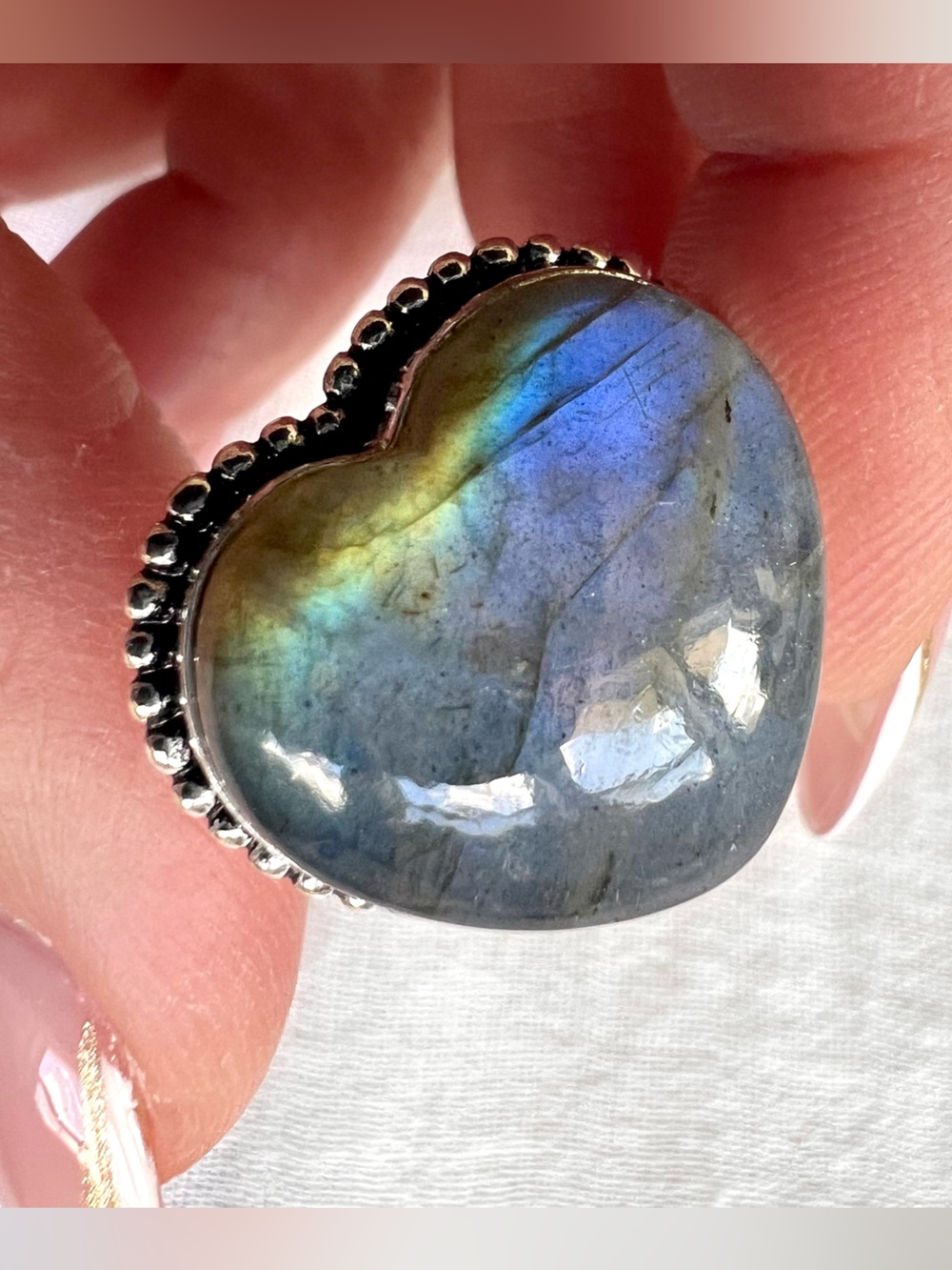 925 Watercolor FLASH LABRADORITE HEART ❤️ Ring 9.5